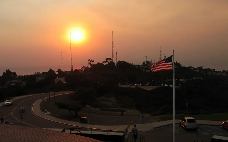 Hazy sunset atop Mt. Soledad due to the wildfires
