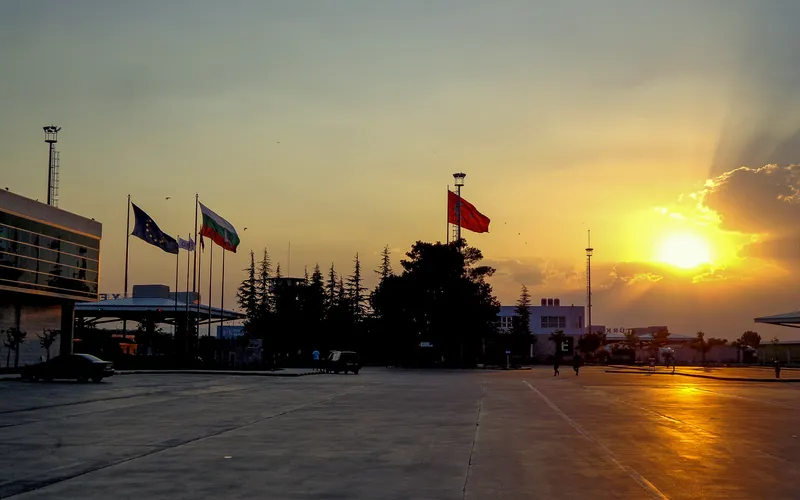 Flags waving at the border between Turkey and Bulgaria, the European Union