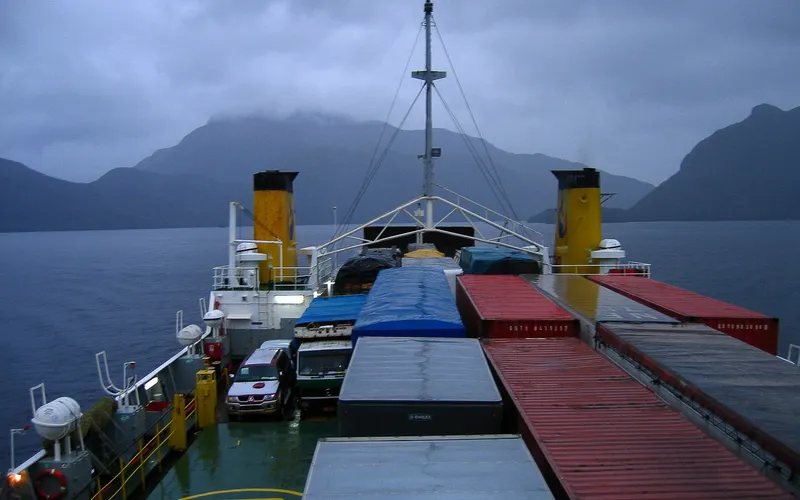 Looking out the back of the ferry and the cargo